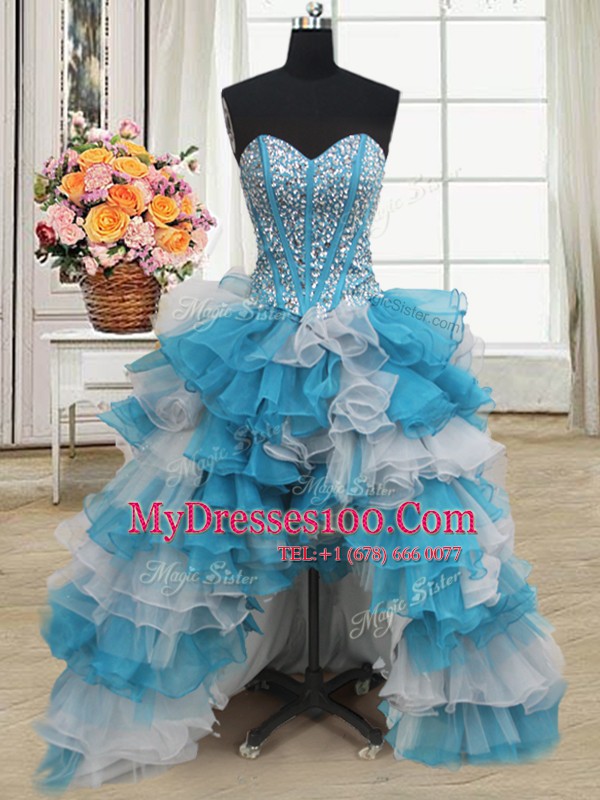 Organza and Tulle Sweetheart Sleeveless Lace Up Beading and Ruffles Ball Gown Prom Dress in Blue And White