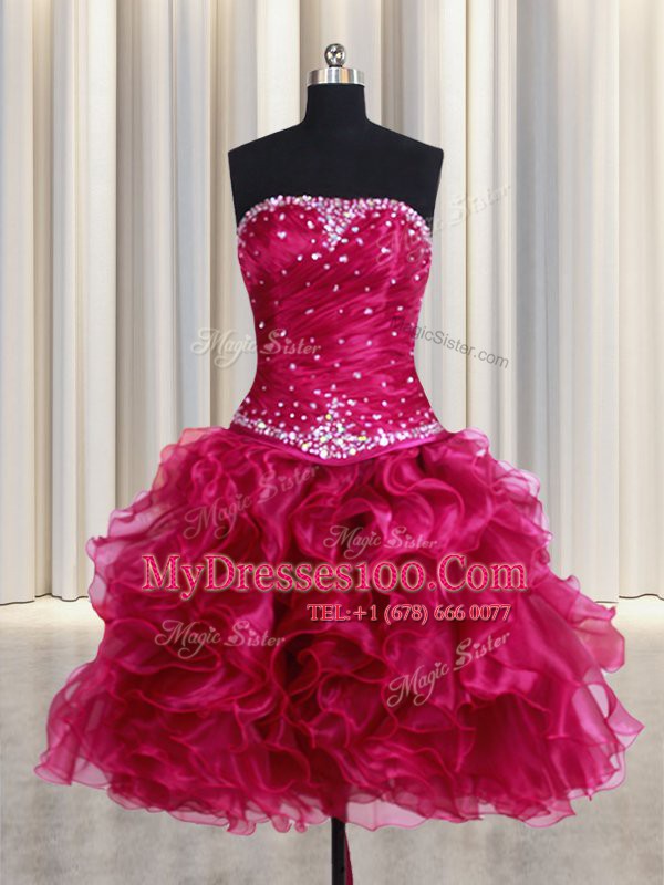 Dramatic Four Piece Burgundy Organza Lace Up Strapless Sleeveless Floor Length Ball Gown Prom Dress Beading and Ruffles