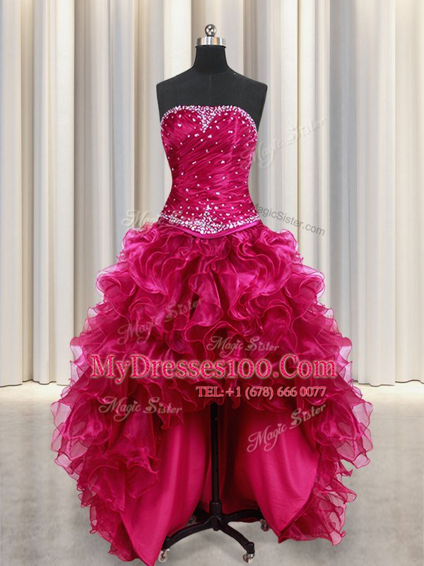 Dramatic Four Piece Burgundy Organza Lace Up Strapless Sleeveless Floor Length Ball Gown Prom Dress Beading and Ruffles