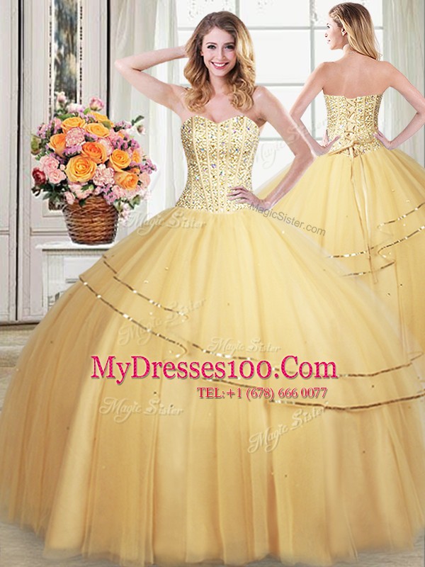 Gold Ball Gowns Sweetheart Sleeveless Tulle Floor Length Lace Up Beading and Sequins Quinceanera Dresses