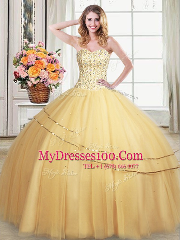 Gold Ball Gowns Sweetheart Sleeveless Tulle Floor Length Lace Up Beading and Sequins Quinceanera Dresses