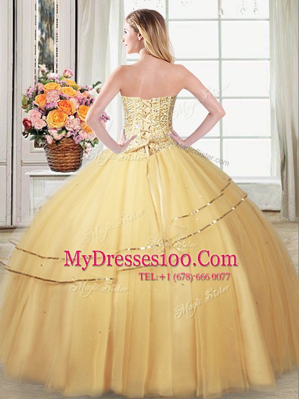 Gold Ball Gowns Sweetheart Sleeveless Tulle Floor Length Lace Up Beading and Sequins Quinceanera Dresses