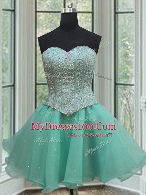 Three Piece Turquoise Ball Gowns Sweetheart Sleeveless Organza Floor Length Lace Up Beading and Ruffles and Pick Ups Quinceanera Dress