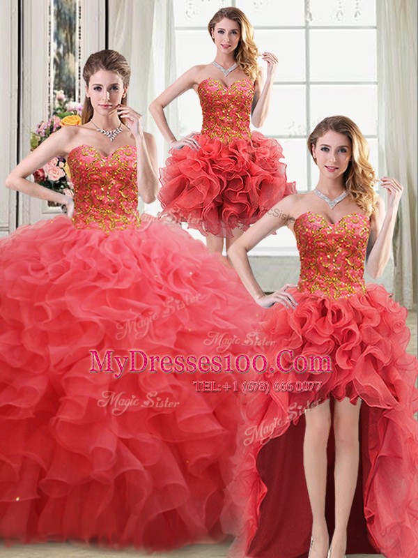 Four Piece Coral Red Lace Up Quince Ball Gowns Beading and Ruffles Sleeveless Floor Length