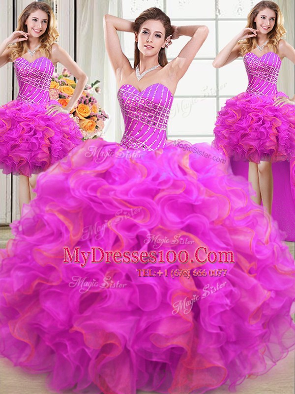 Sophisticated Four Piece Multi-color Lace Up Sweetheart Beading and Ruffles Sweet 16 Dress Organza Sleeveless