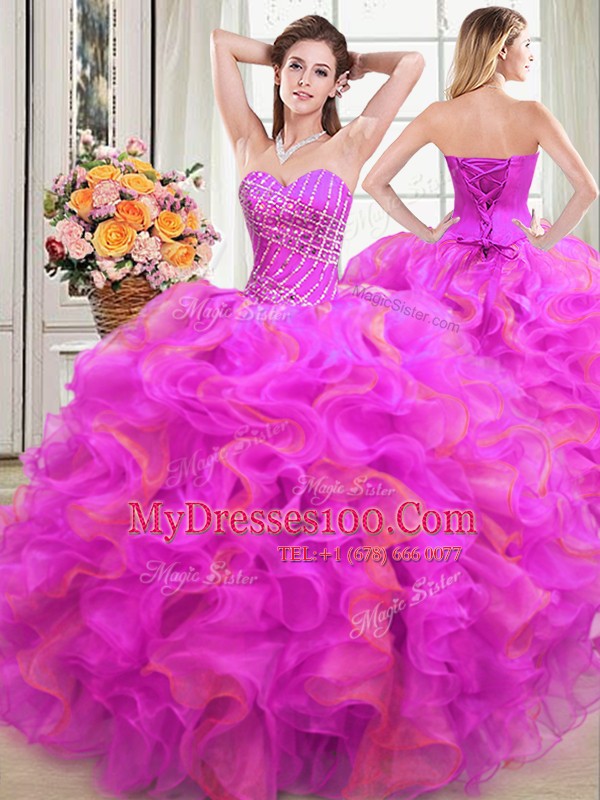 Sophisticated Four Piece Multi-color Lace Up Sweetheart Beading and Ruffles Sweet 16 Dress Organza Sleeveless