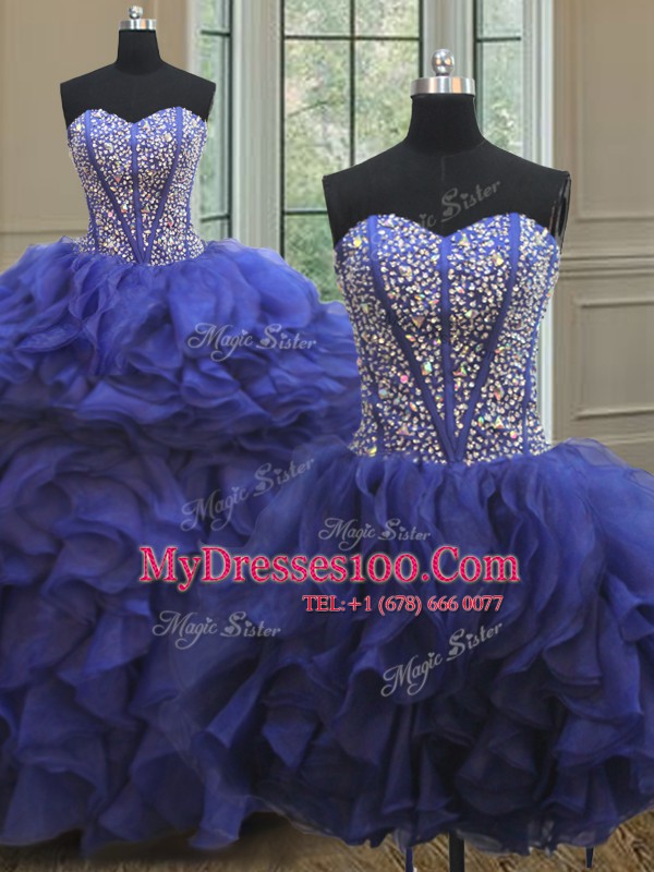 Three Piece Royal Blue Lace Up Sweetheart Beading and Ruffles Vestidos de Quinceanera Organza Sleeveless