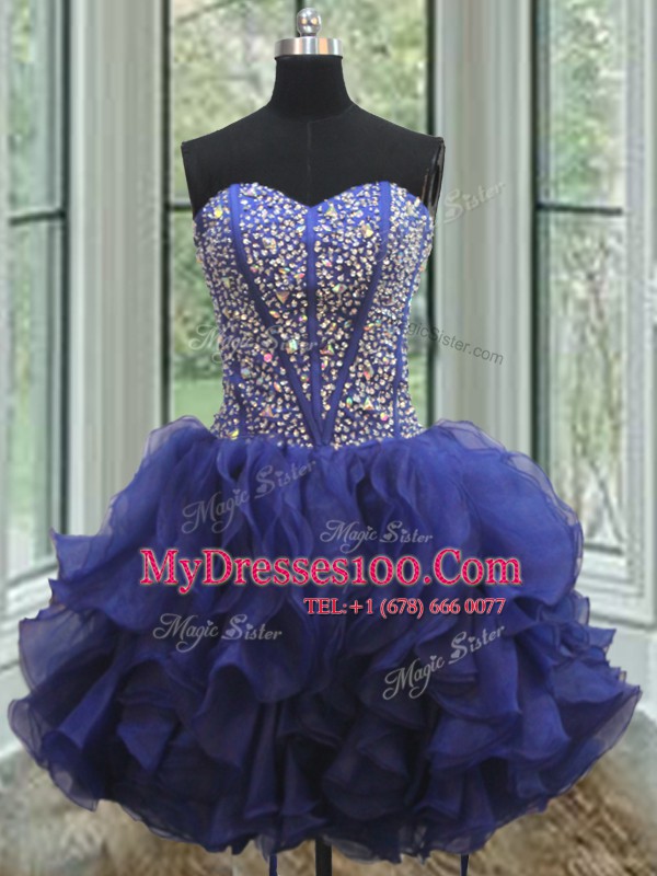 Three Piece Royal Blue Lace Up Sweetheart Beading and Ruffles Vestidos de Quinceanera Organza Sleeveless