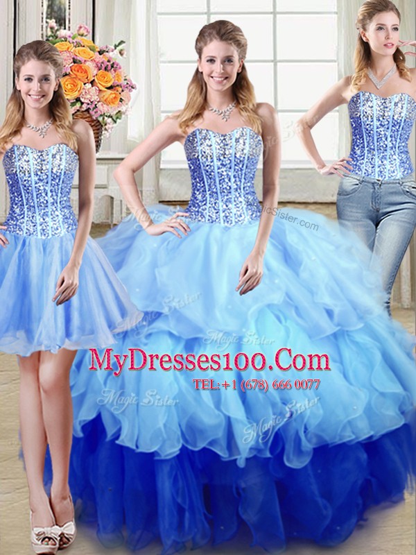 Designer Three Piece Sequins Multi-color Sleeveless Organza Lace Up Sweet 16 Quinceanera Dress for Military Ball and Sweet 16 and Quinceanera