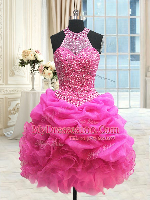 Admirable Three Piece Halter Top Pick Ups Floor Length Ball Gowns Sleeveless Hot Pink Quince Ball Gowns Lace Up