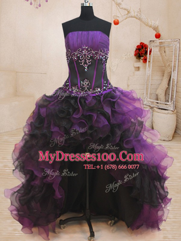 Four Piece Black and Purple Ball Gowns Beading and Ruffles Vestidos de Quinceanera Lace Up Organza Sleeveless Floor Length