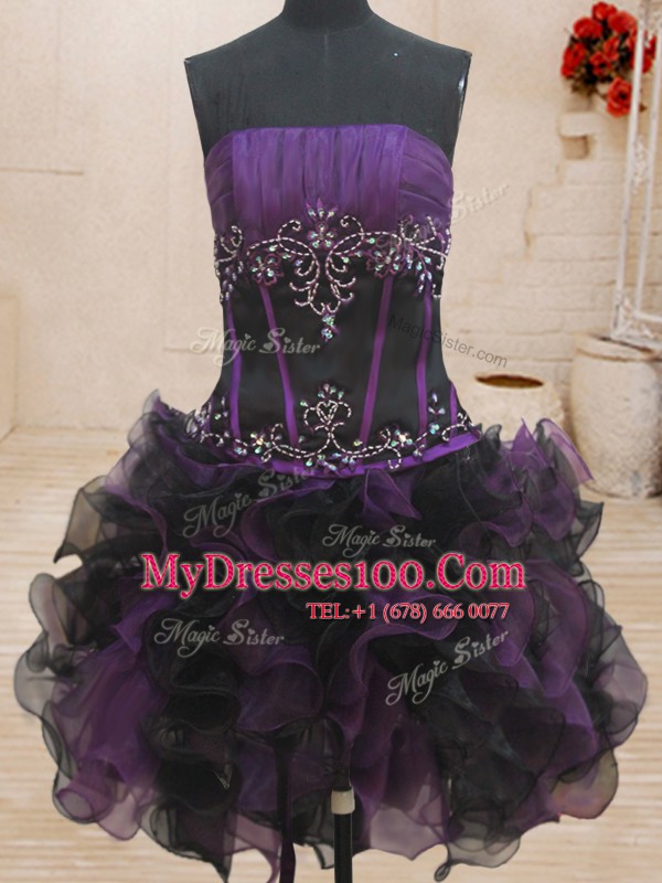 Four Piece Black and Purple Ball Gowns Beading and Ruffles Vestidos de Quinceanera Lace Up Organza Sleeveless Floor Length