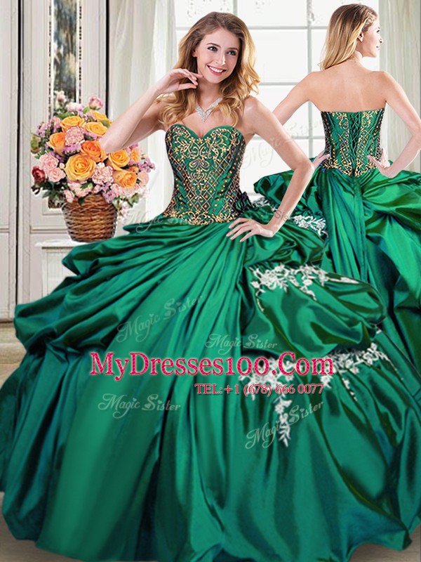 Fashion Pick Ups Sweetheart Sleeveless Lace Up Quince Ball Gowns Dark Green Taffeta