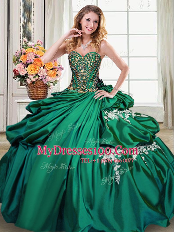 Fashion Pick Ups Sweetheart Sleeveless Lace Up Quince Ball Gowns Dark Green Taffeta