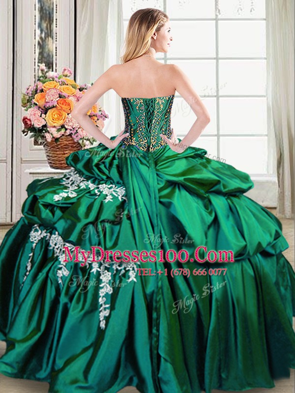 Fashion Pick Ups Sweetheart Sleeveless Lace Up Quince Ball Gowns Dark Green Taffeta