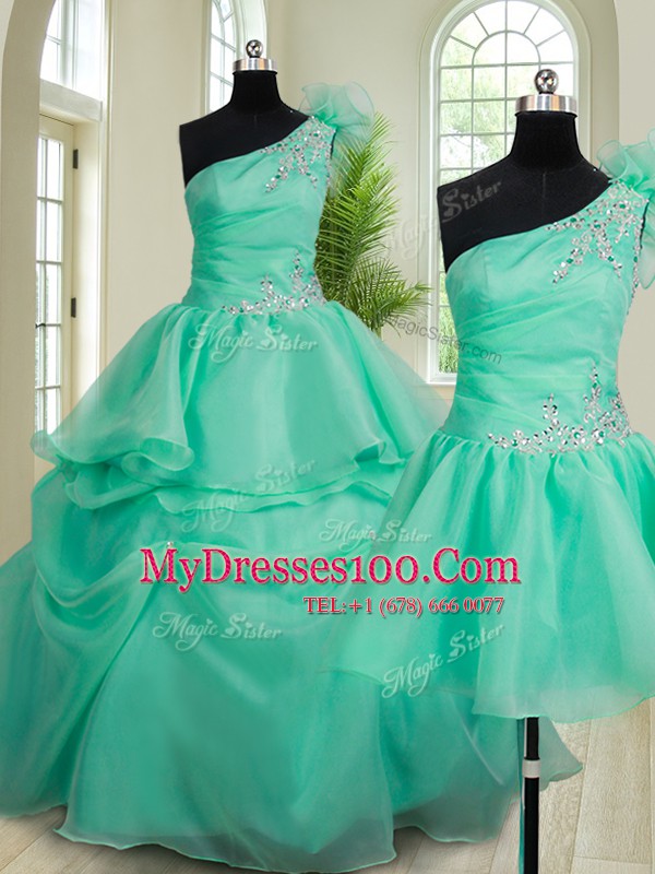 Unique Three Piece Turquoise Ball Gowns Organza One Shoulder Sleeveless Beading and Hand Made Flower Floor Length Lace Up Quinceanera Gowns