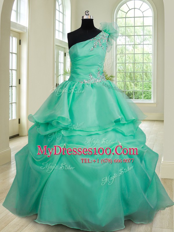 Unique Three Piece Turquoise Ball Gowns Organza One Shoulder Sleeveless Beading and Hand Made Flower Floor Length Lace Up Quinceanera Gowns
