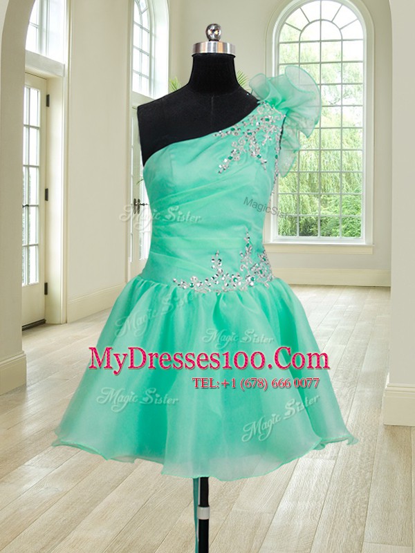 Unique Three Piece Turquoise Ball Gowns Organza One Shoulder Sleeveless Beading and Hand Made Flower Floor Length Lace Up Quinceanera Gowns