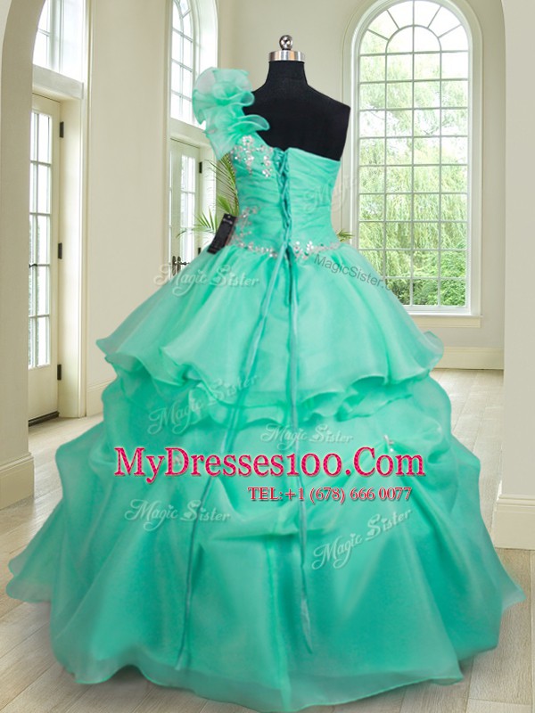 Unique Three Piece Turquoise Ball Gowns Organza One Shoulder Sleeveless Beading and Hand Made Flower Floor Length Lace Up Quinceanera Gowns