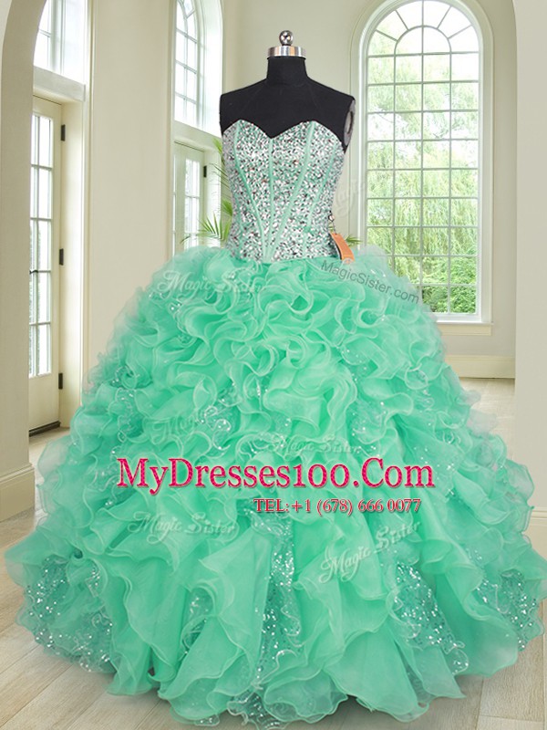 Fitting Three Piece Sweetheart Sleeveless Organza 15 Quinceanera Dress Beading and Ruffles Lace Up