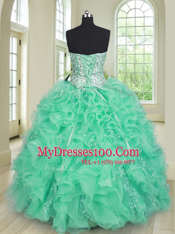 Fitting Three Piece Sweetheart Sleeveless Organza 15 Quinceanera Dress Beading and Ruffles Lace Up
