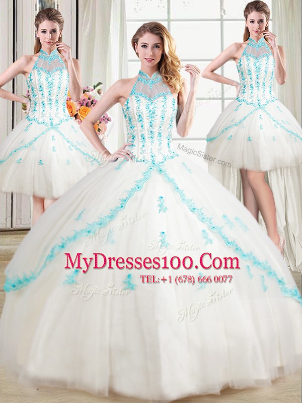 Fantastic Four Piece White Halter Top Lace Up Beading and Appliques Quince Ball Gowns Sleeveless