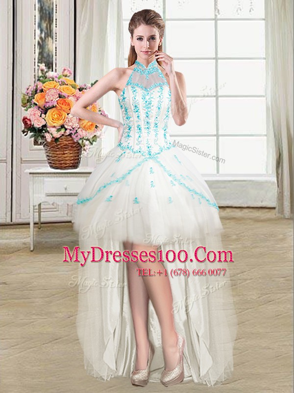 Fantastic Four Piece White Halter Top Lace Up Beading and Appliques Quince Ball Gowns Sleeveless