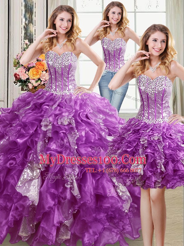 Adorable Three Piece Organza Sweetheart Sleeveless Lace Up Beading and Ruffles and Sequins Quinceanera Gowns in Purple