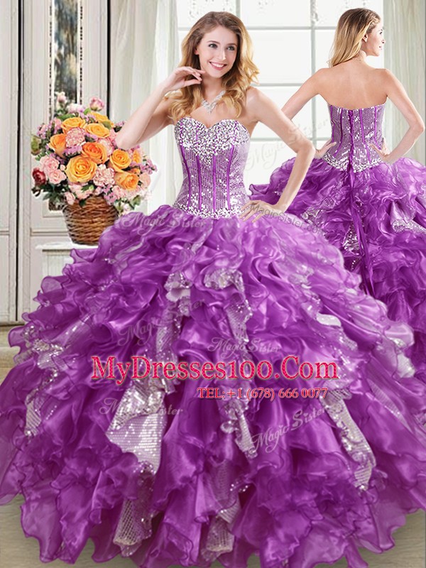 Adorable Three Piece Organza Sweetheart Sleeveless Lace Up Beading and Ruffles and Sequins Quinceanera Gowns in Purple