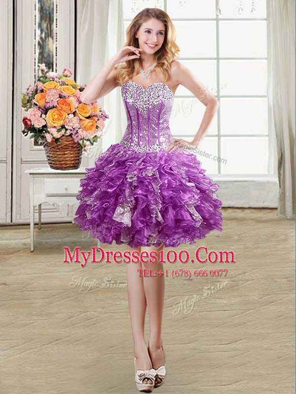 Adorable Three Piece Organza Sweetheart Sleeveless Lace Up Beading and Ruffles and Sequins Quinceanera Gowns in Purple