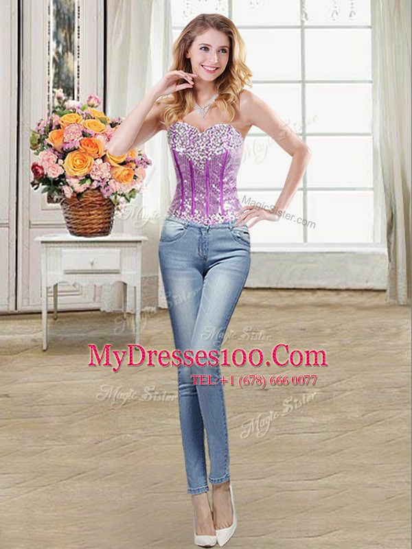 Adorable Three Piece Organza Sweetheart Sleeveless Lace Up Beading and Ruffles and Sequins Quinceanera Gowns in Purple