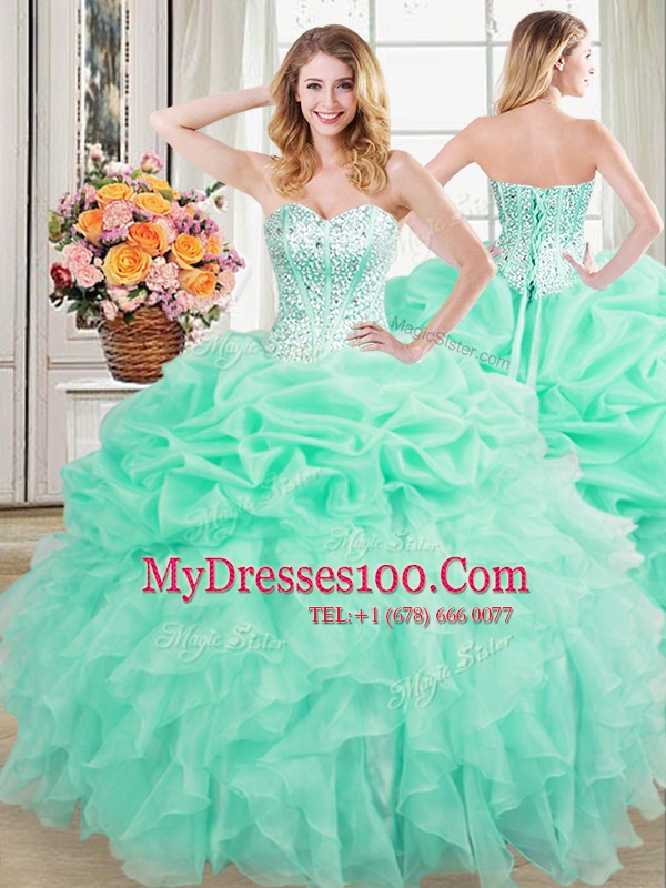 Apple Green Lace Up Quince Ball Gowns Beading and Ruffles and Pick Ups Sleeveless Floor Length