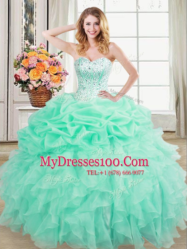 Apple Green Lace Up Quince Ball Gowns Beading and Ruffles and Pick Ups Sleeveless Floor Length