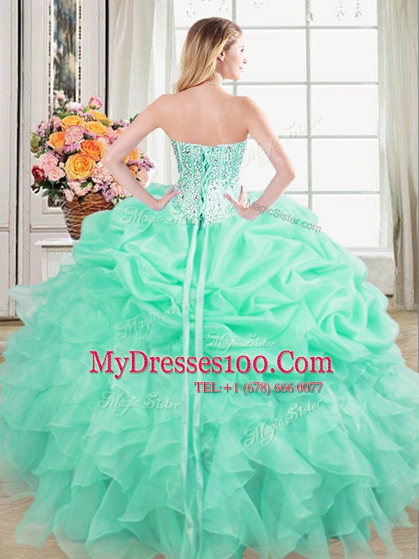 Apple Green Lace Up Quince Ball Gowns Beading and Ruffles and Pick Ups Sleeveless Floor Length