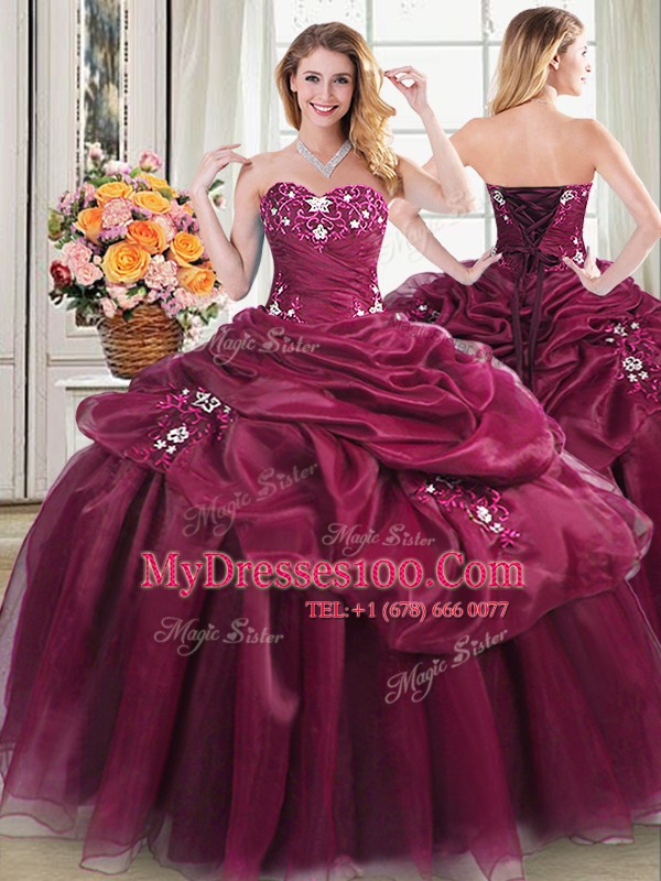 Four Piece Burgundy Ball Gowns Beading and Appliques and Pick Ups Quinceanera Dress Lace Up Organza Sleeveless Floor Length