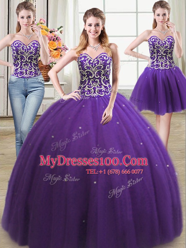 Fashionable Three Piece Floor Length Ball Gowns Sleeveless Purple Quinceanera Gowns Lace Up