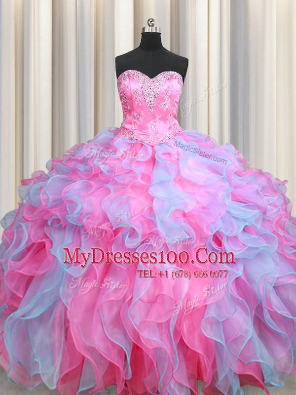 Three Piece Multi-color Organza Lace Up Sweetheart Sleeveless Floor Length Sweet 16 Dress Beading and Ruffles