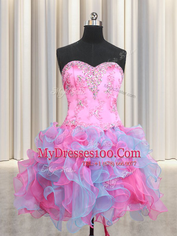 Three Piece Multi-color Organza Lace Up Sweetheart Sleeveless Floor Length Sweet 16 Dress Beading and Ruffles