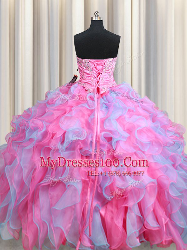 Three Piece Multi-color Organza Lace Up Sweetheart Sleeveless Floor Length Sweet 16 Dress Beading and Ruffles