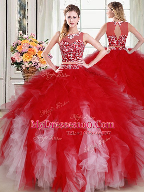 Modern Scoop Sleeveless Floor Length Beading and Ruffles Zipper 15th Birthday Dress with White and Red