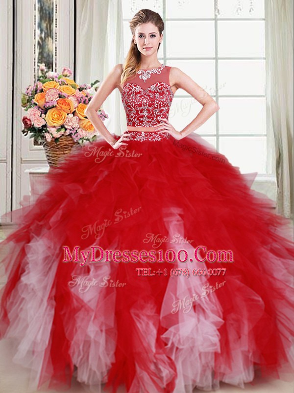 Modern Scoop Sleeveless Floor Length Beading and Ruffles Zipper 15th Birthday Dress with White and Red