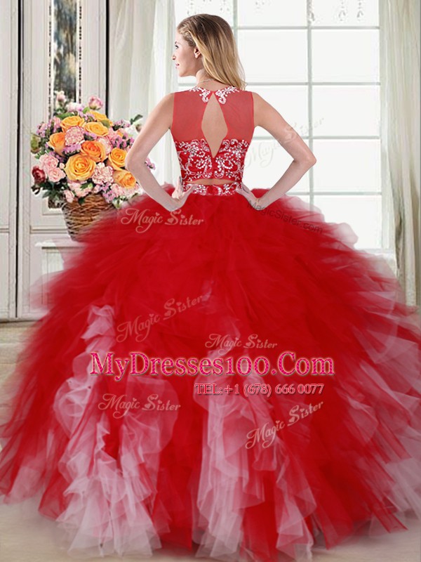 Modern Scoop Sleeveless Floor Length Beading and Ruffles Zipper 15th Birthday Dress with White and Red