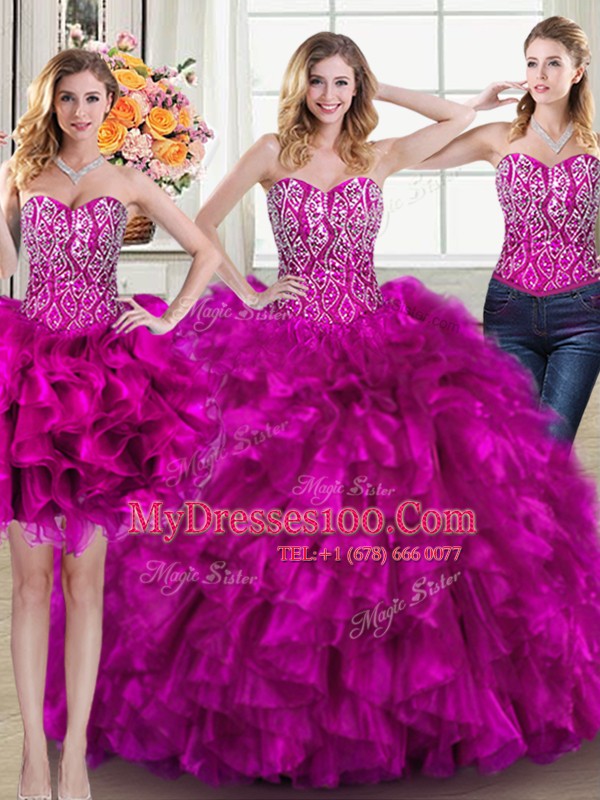 Three Piece Fuchsia Sweet 16 Quinceanera Dress Organza Brush Train Sleeveless Beading and Ruffles