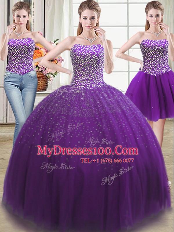 Fabulous Three Piece Sleeveless Lace Up Floor Length Beading Ball Gown Prom Dress