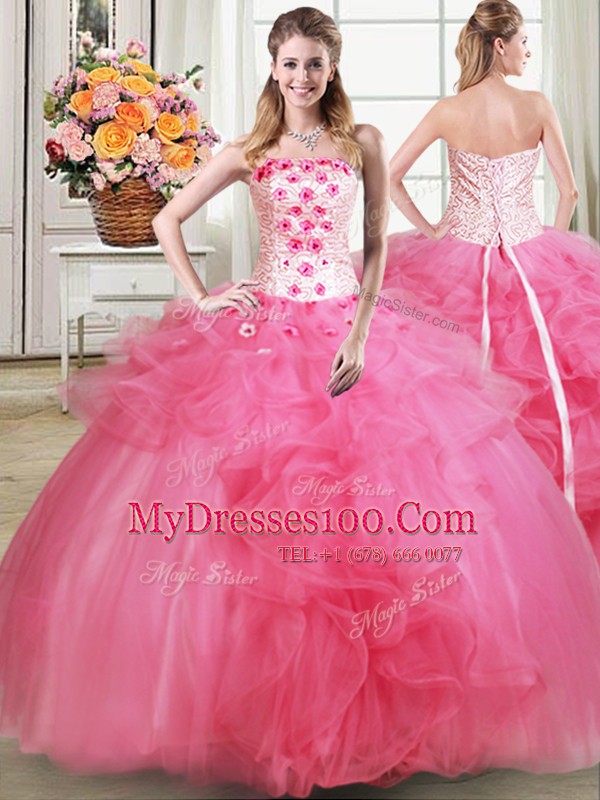 Stunning Strapless Sleeveless Sweet 16 Quinceanera Dress Floor Length Beading and Appliques and Ruffles Hot Pink Tulle