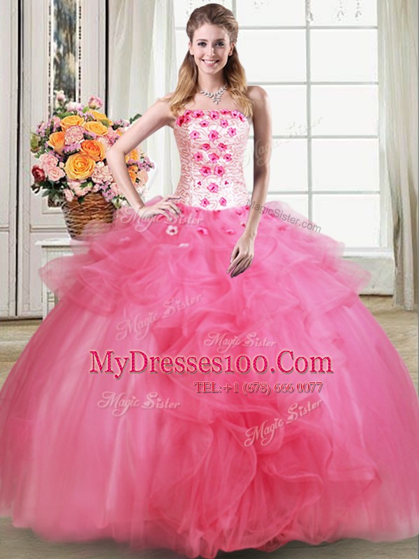 Stunning Strapless Sleeveless Sweet 16 Quinceanera Dress Floor Length Beading and Appliques and Ruffles Hot Pink Tulle