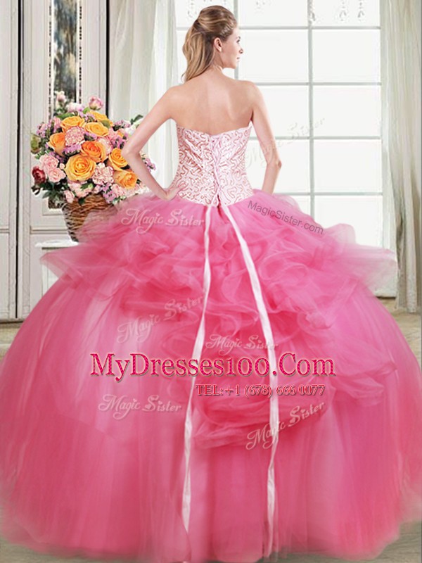 Stunning Strapless Sleeveless Sweet 16 Quinceanera Dress Floor Length Beading and Appliques and Ruffles Hot Pink Tulle