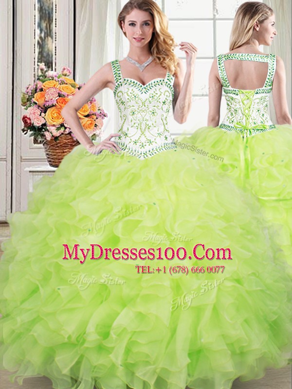 Straps Sleeveless 15 Quinceanera Dress Floor Length Beading and Lace and Ruffles Yellow Green Organza