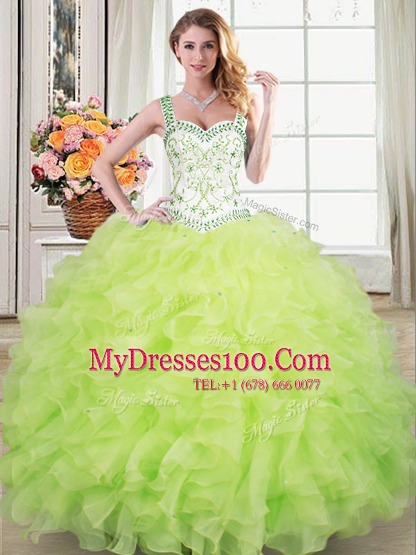 Straps Sleeveless 15 Quinceanera Dress Floor Length Beading and Lace and Ruffles Yellow Green Organza