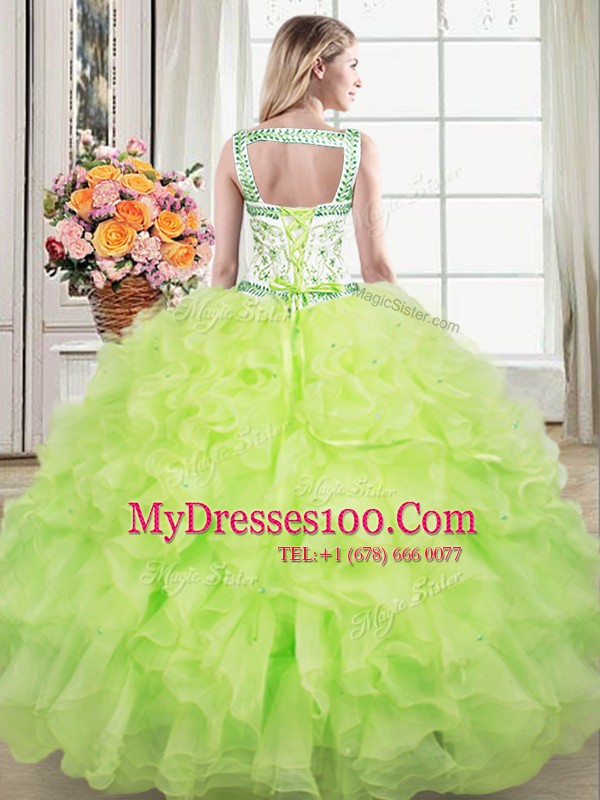 Straps Sleeveless 15 Quinceanera Dress Floor Length Beading and Lace and Ruffles Yellow Green Organza